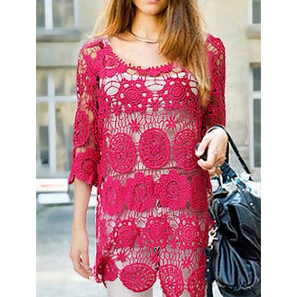 Hot Pink Open Knit Floral Sheer Cutouts Crochet Yarn Tunic Fuchsia See-Through - Picture 1 of 5
